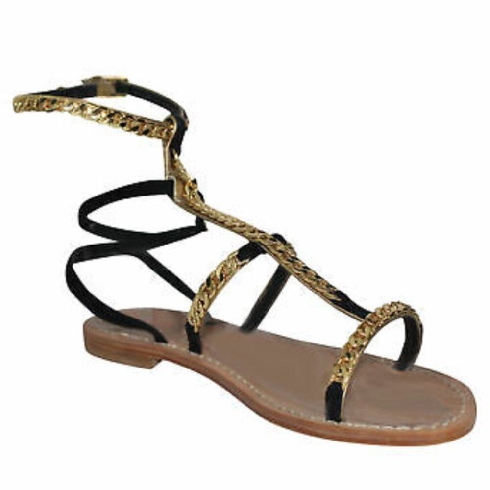 NEW Emanuela Caruso Catena Gold with Black ChainGladiator Sandals Size 41